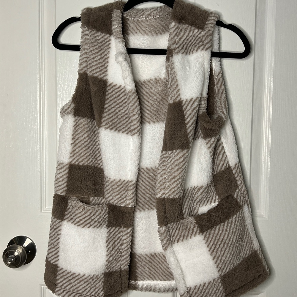 SHEIN Brown and White Plaid Fuzzy Vest